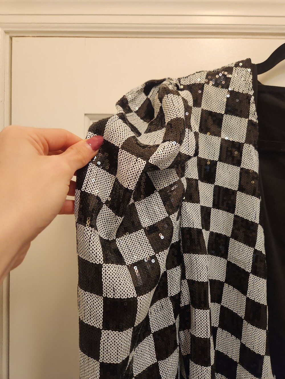Vintage Black White Checkerboard Festival Sequin Puff Sleeve Blazer Jacket L - Picture 3 of 5